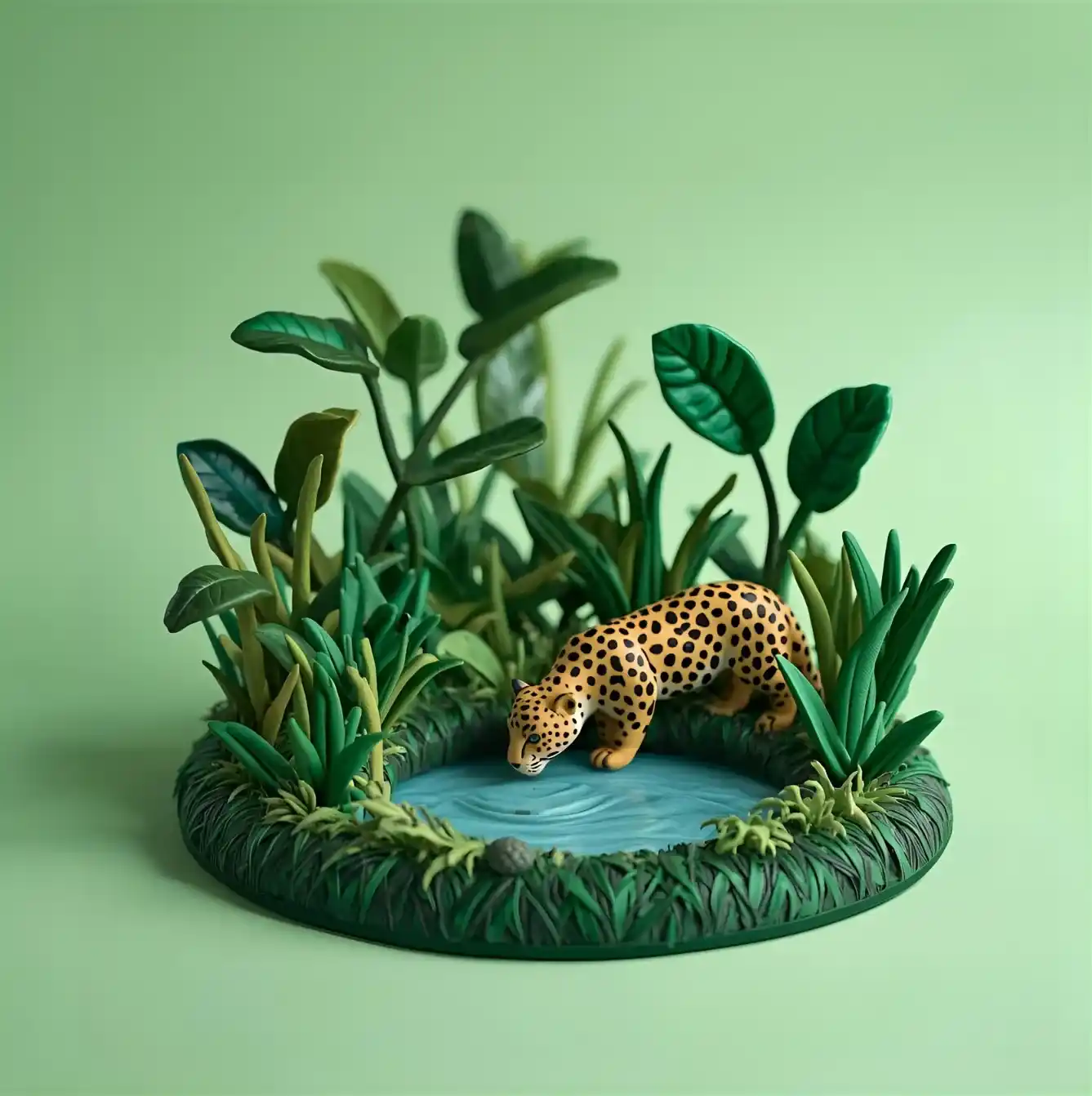 Félin en argile dans une jungle de plantes
