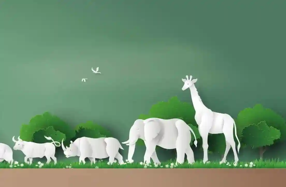 Animaux de la savane en origami sur fond de savane