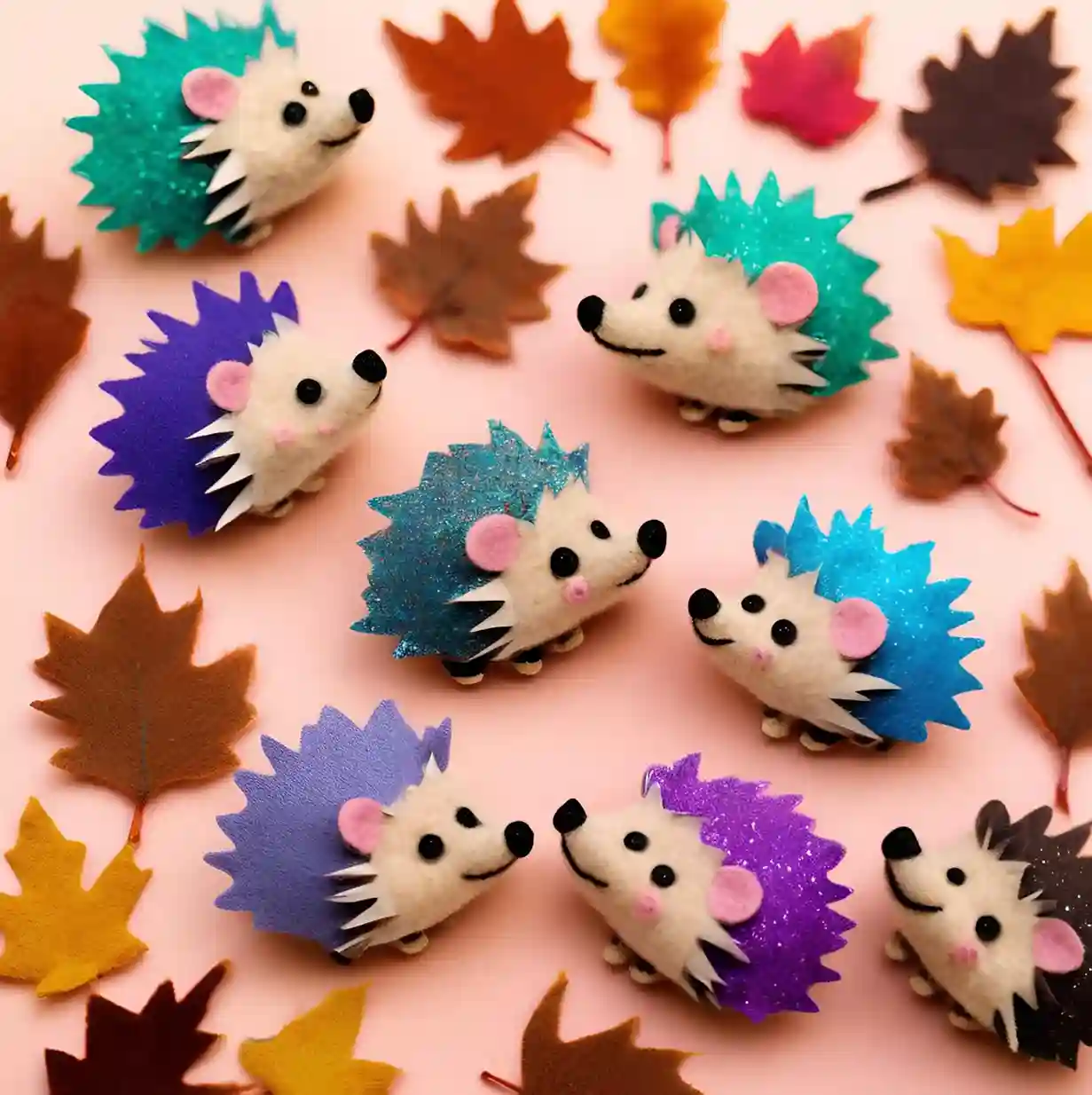 Herissons colorés souriants entourés de feuilles de la foret