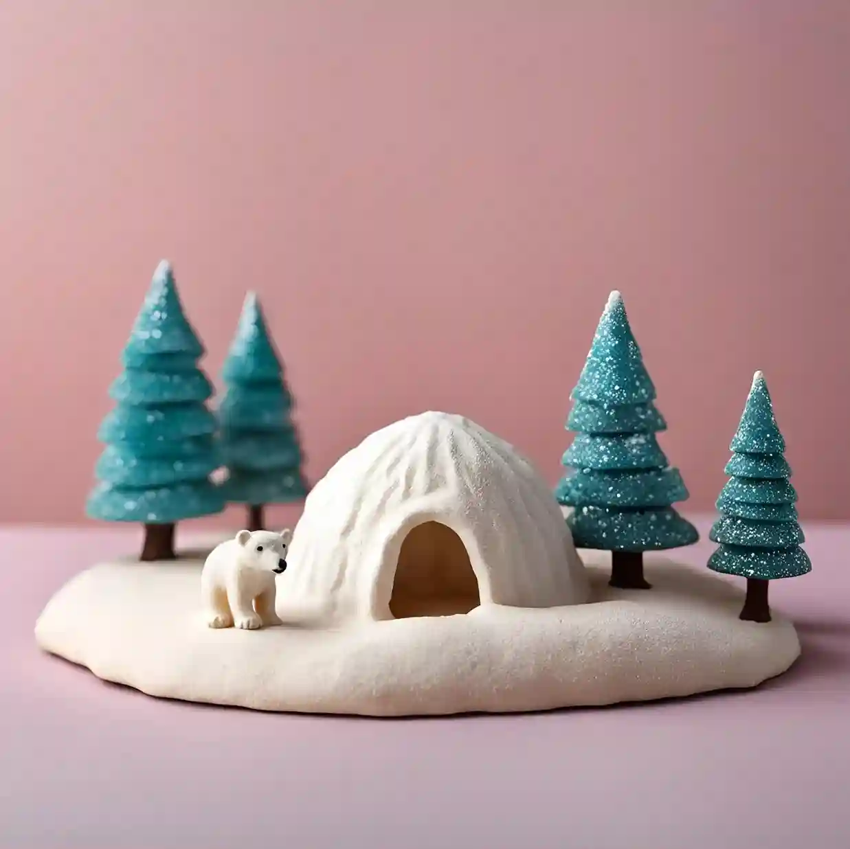 Igloo entouré d'arbres avec un ours polaire