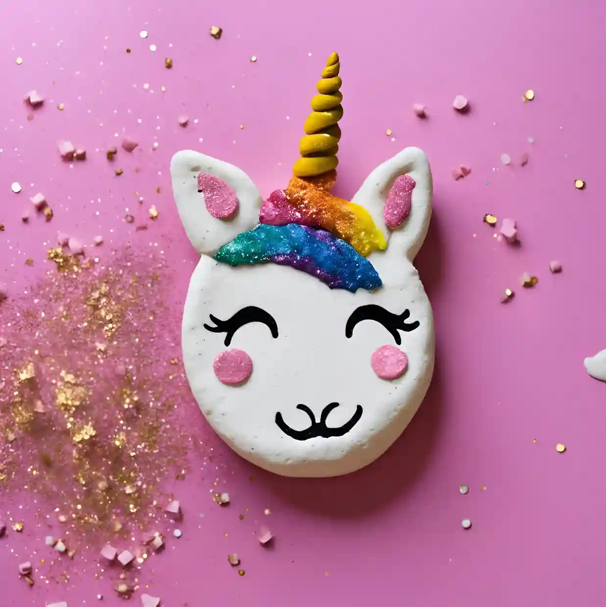 Licorne en argile avec un arc-en-ciel sur fond rose
