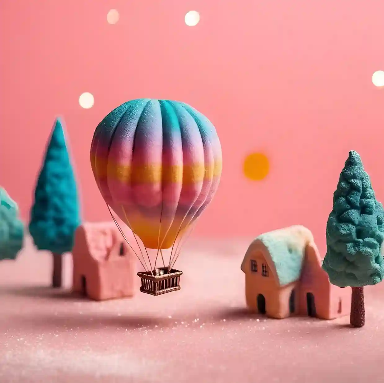 Mongolfiere au dessus d'un petit village coloré onirique