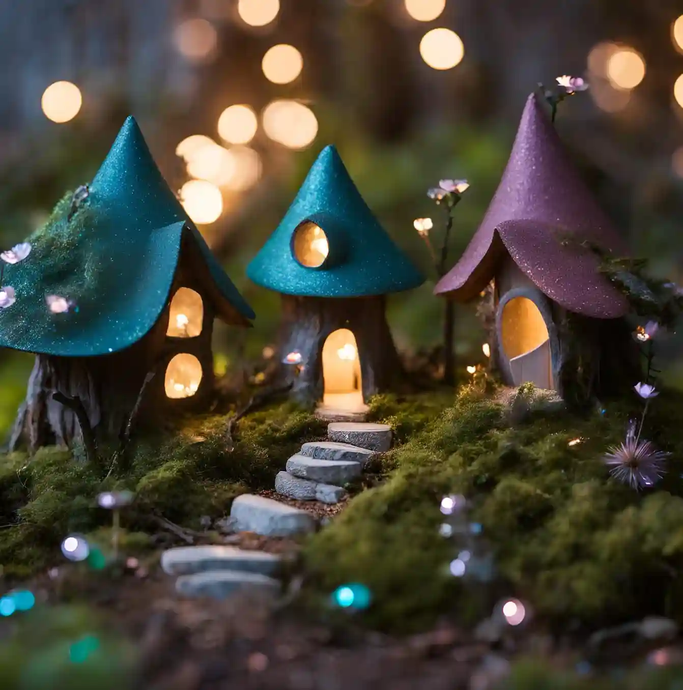 Trois maisoxns de lutins dans une foret enchantée