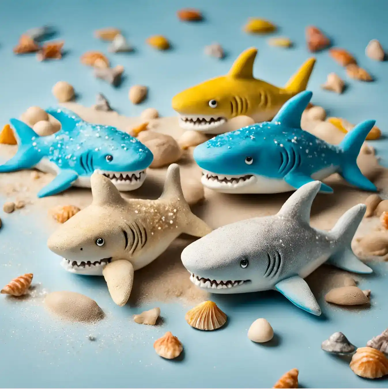 Un banc de requins souriants et colorés