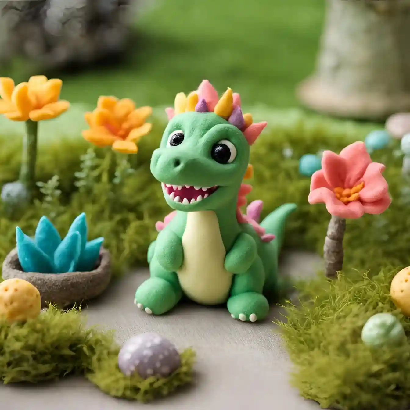 Un petit dinosaure souriant se promene dans un jardin