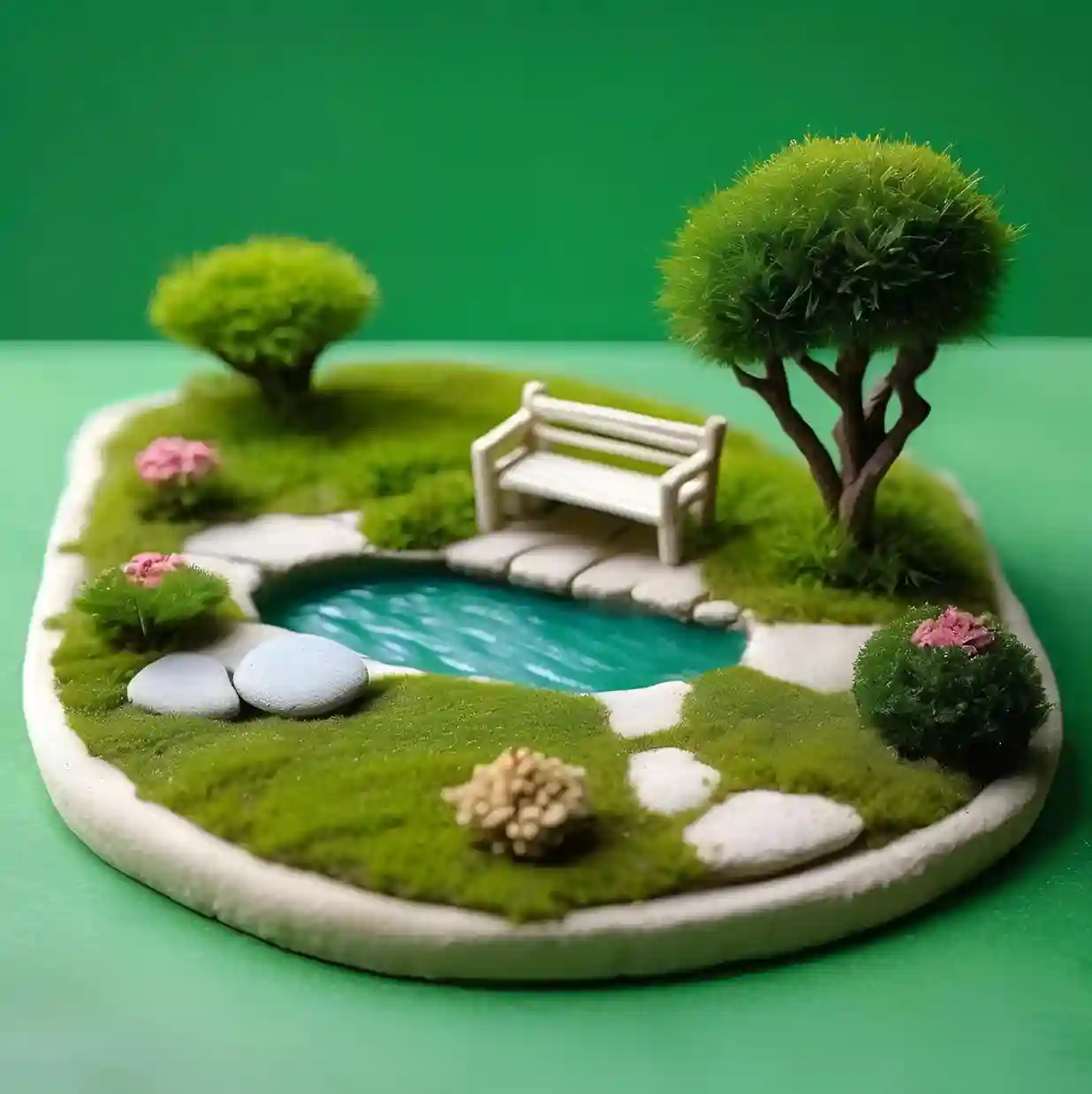 Banc dans un petit jardin circulaire en argile avec un étang