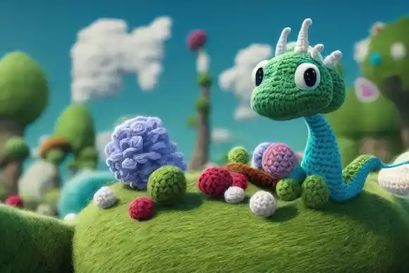 Un bébé dragon en laine coloré et souriant